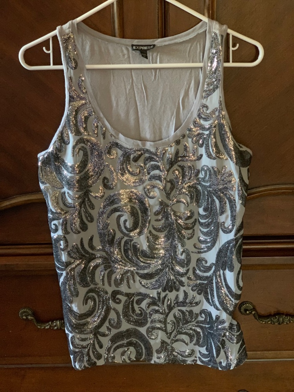Express Silver Sequin Swirl Scoop Neck Tank Top